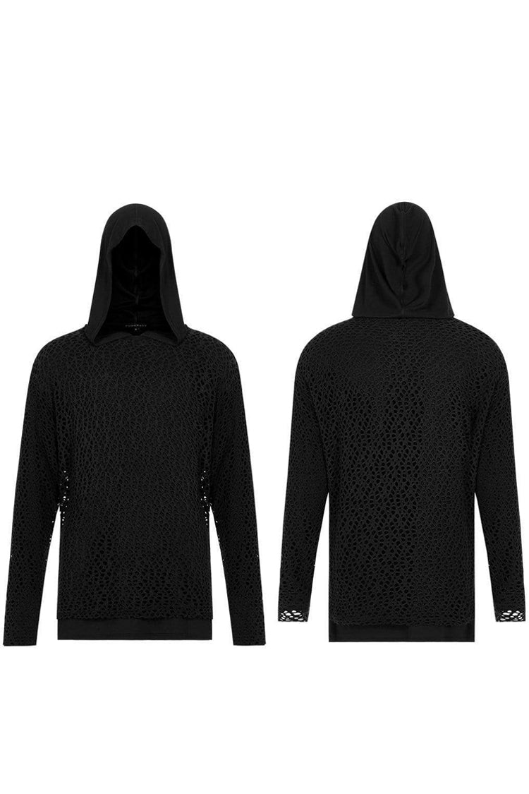 Black Knit Outer Mesh Long Sleeve Inner Hooded Simple Two Piece Men's Punk T-Shirt