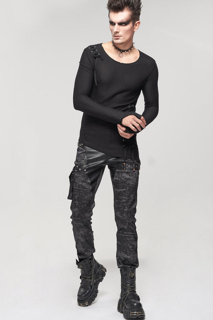Black Punk Do Old Print Detachable Multi-Pocket Splicing Metal Rivet Decoration Men's Long Pants