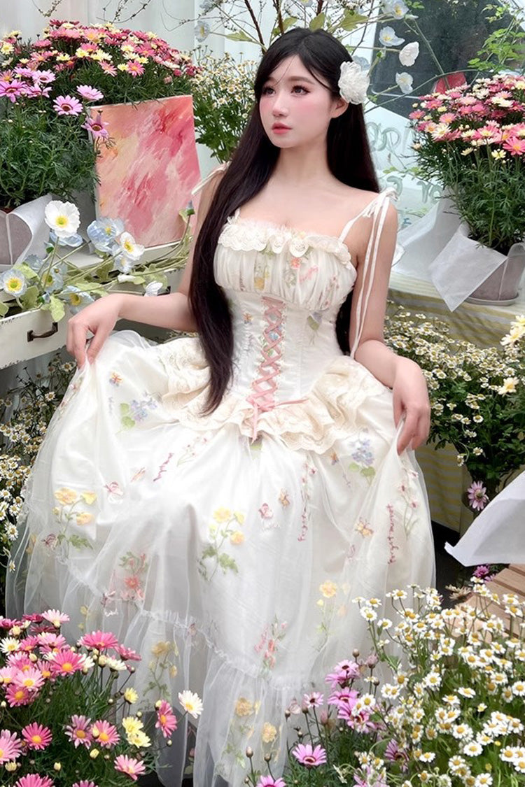 Off White Spring Bouquets Romantic Ruffle Embroidery Bowknot Mesh Sweet Lolita Jsk Dress