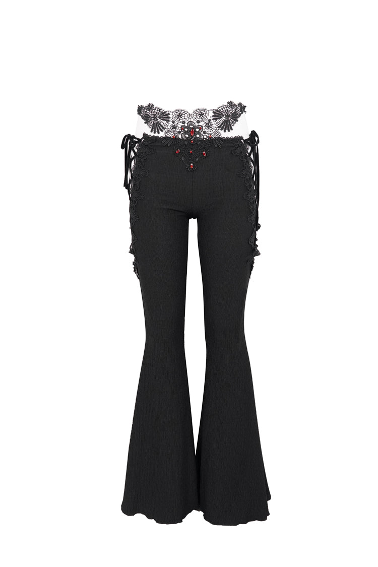 Black Low-Rise Lace Gem-Embellished Bilateral Lace-Up Cutout Flared Women's Gothic Pants