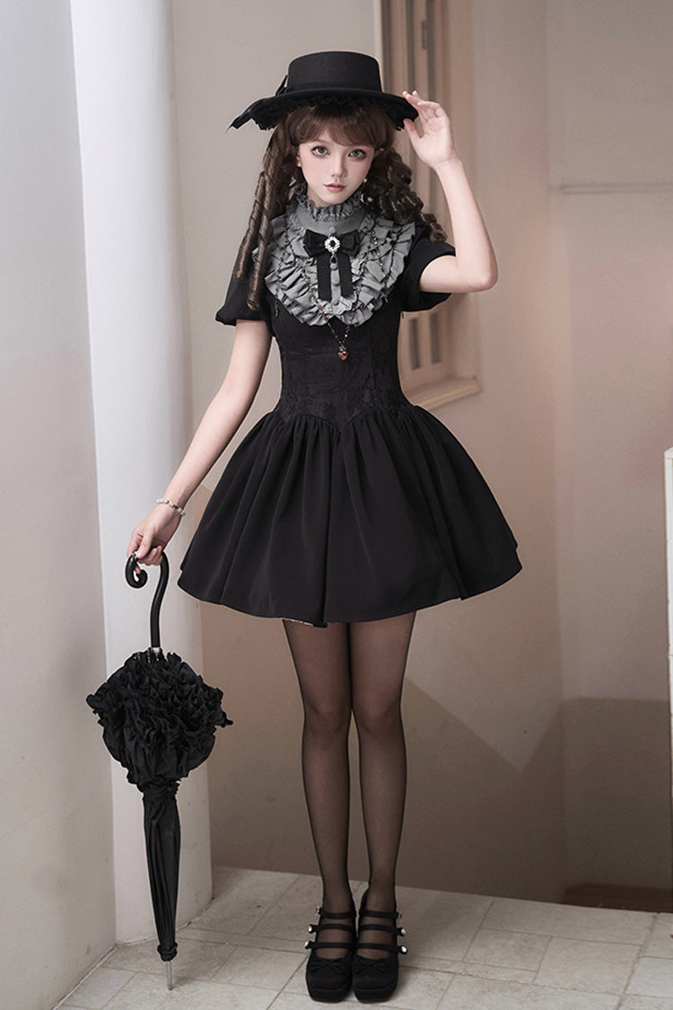 Black [Old Testament] Short Sleeves Ruffle Embroidery Bowknot Lace-Up Gothic Lolita Dress 2 Versions