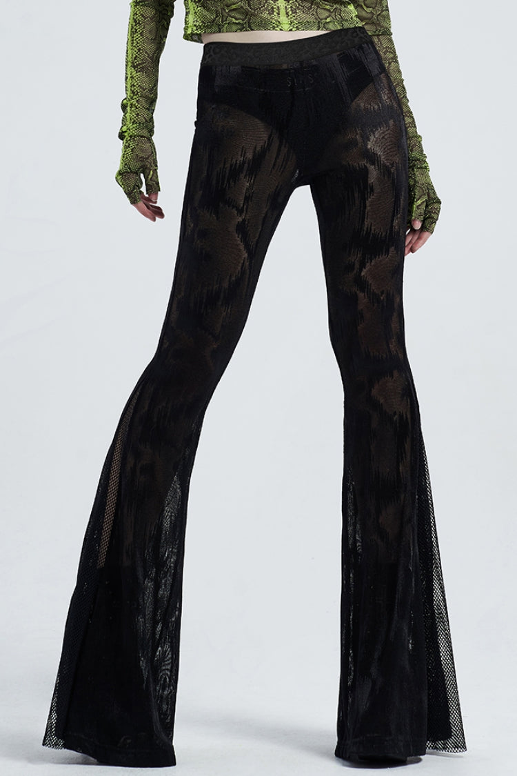 Black Python Print Mesh Women's Gothic Flared Pants