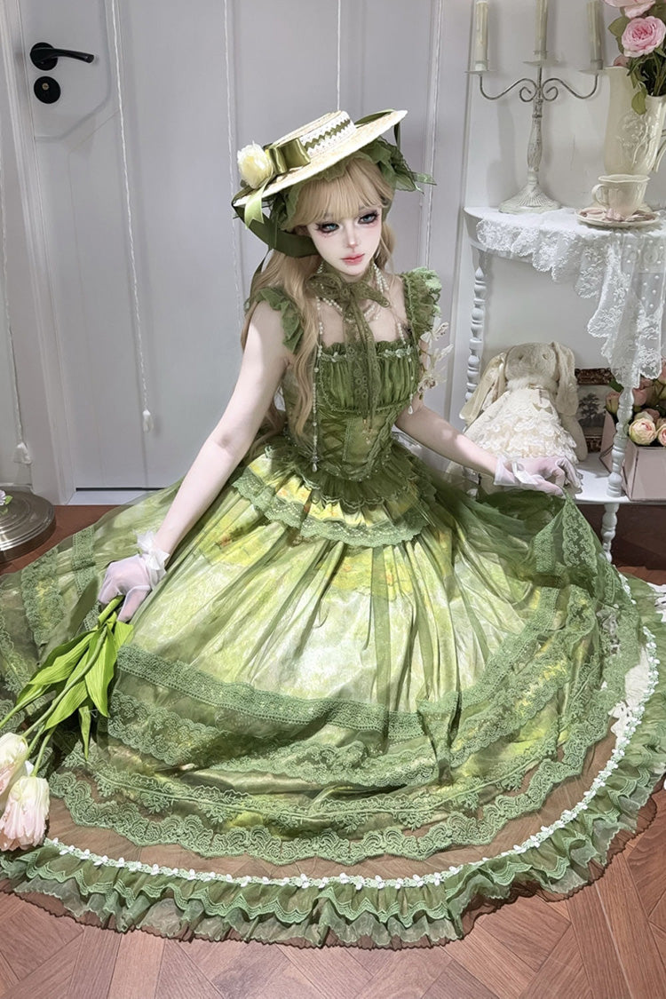 Green [Mist-shrouded Vineyard] Sleeveless Ruffle Bowknot Lace-Up Sweet Lolita Jsk Skirt Dress Set