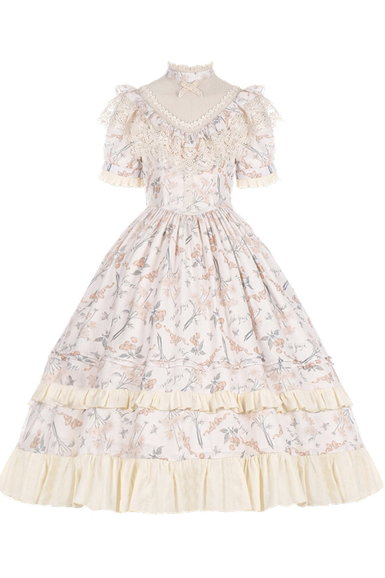 Multi-Color Daisy Print Cherry Embroidery Edwardian Collar Short Sleeves Sweet Lolita Dress