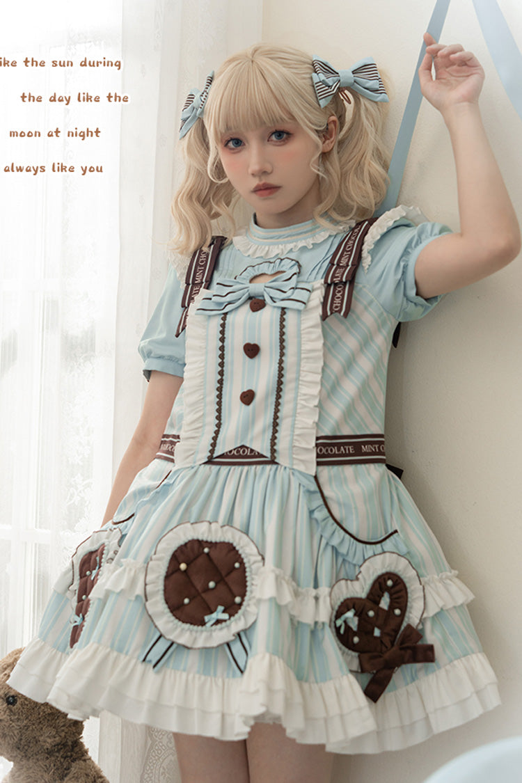 Light Blue Sea Salt Cookies Short Sleeves Print Ruffle Bowknot Sweet Lolita Dress