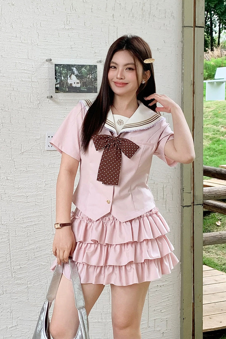 Rosa, kurze Ärmel, dreilagige Rüschenschleife, Übergröße, japanischer Preppy-Stil, süßer Matrosenkragen, zweiteiliges Set