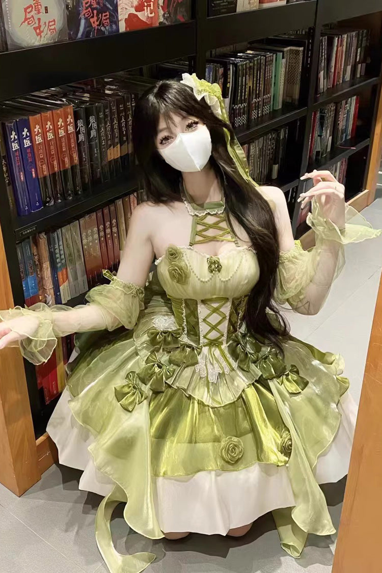 グリーン【カメリアコヴェナント】ホルターネックフリルリボンレースレースアップ甘ロリータJSKワンピース