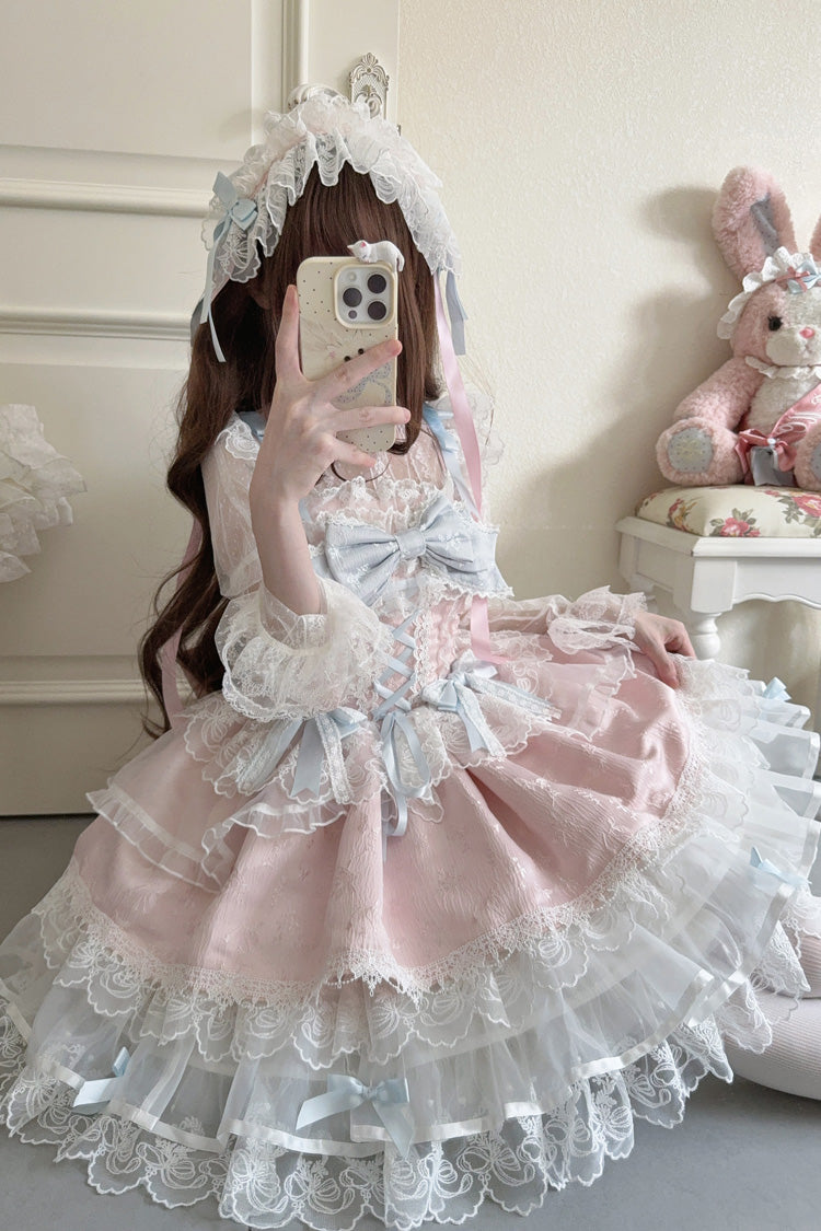 Pink [Fleishi Island] Sleeveless Ruffle Bowknot Lace Slim Sweet Ballet Lolita Jsk Dress