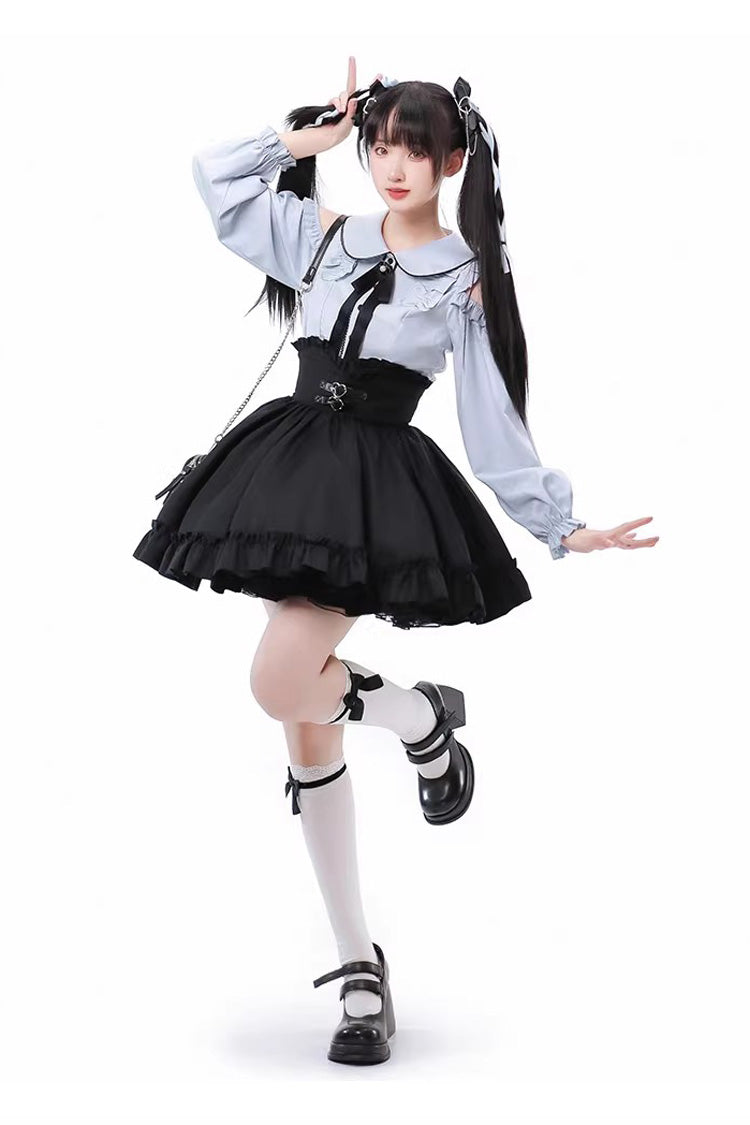 Black/Blue Off Shoulder Long Sleeves Ruffle Bowknot Sweet Jirai Kei Japanese Set