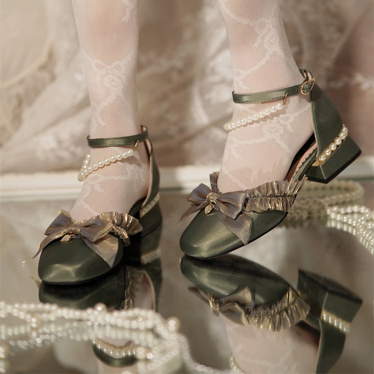 Romance Bowknot Lace Pearl Sweet Elegant Lolita Shoes 4 Colors