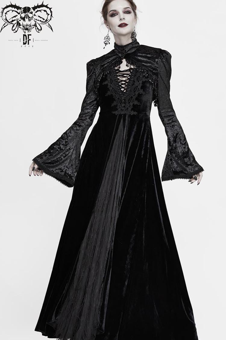 Schwarzer Spitzensamt-Blasen-Trompetenärmel-Gothic-Schal für Damen