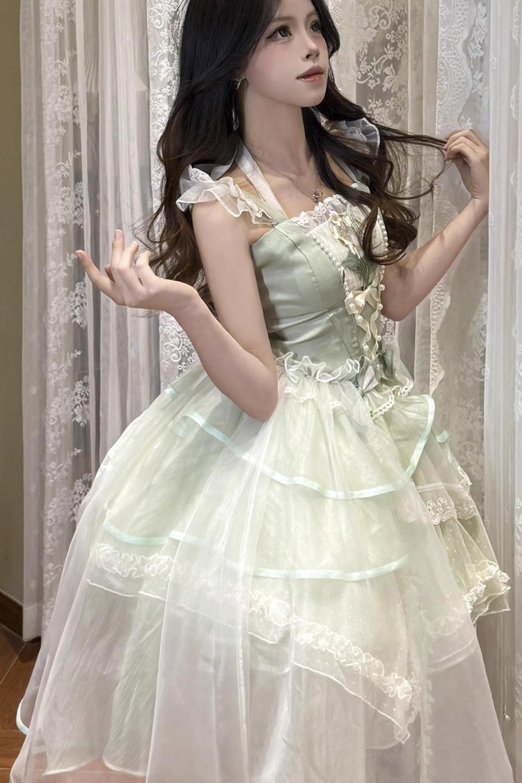 Green [Lily of the Valley Summer] Polka Dot Print Ruffle Bowknot Lace-Up Sweet Princess Lolita Jsk Dress