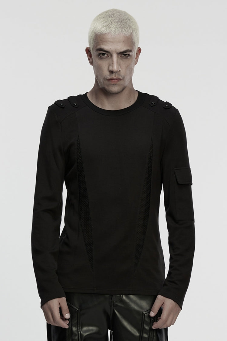 ブラック ラウンド カラー ロング スリーブ カットアウト スプライス メッシュ メンズ パンク T シャツ