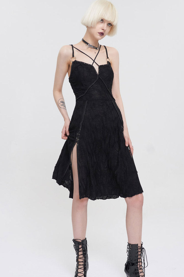 Black Punk Suspenders Slit Hem Wave Stretch Fabrics Women's Dress