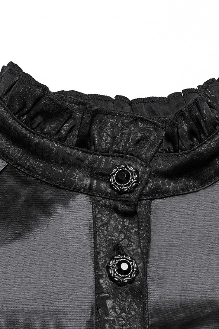 Black Stand Collar Long Puff Sleeves Faux Leather Stitching Women's Gothic Blouse