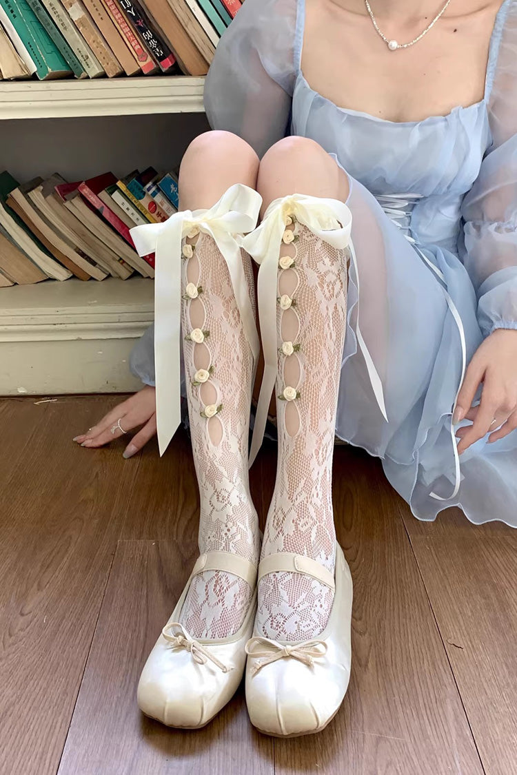 フラワーカットアウトレースリボンスイートロリータストッキング2色