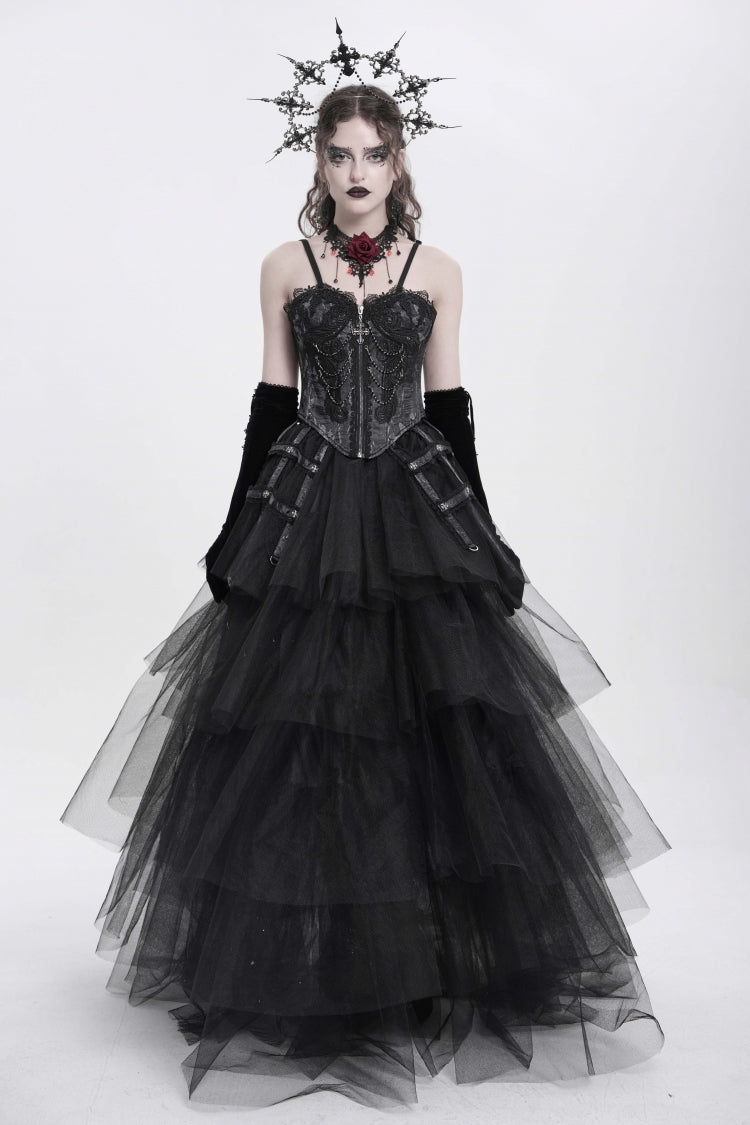 Black Sleeveless Embroidery Lace Chain Women's Gothic Vest