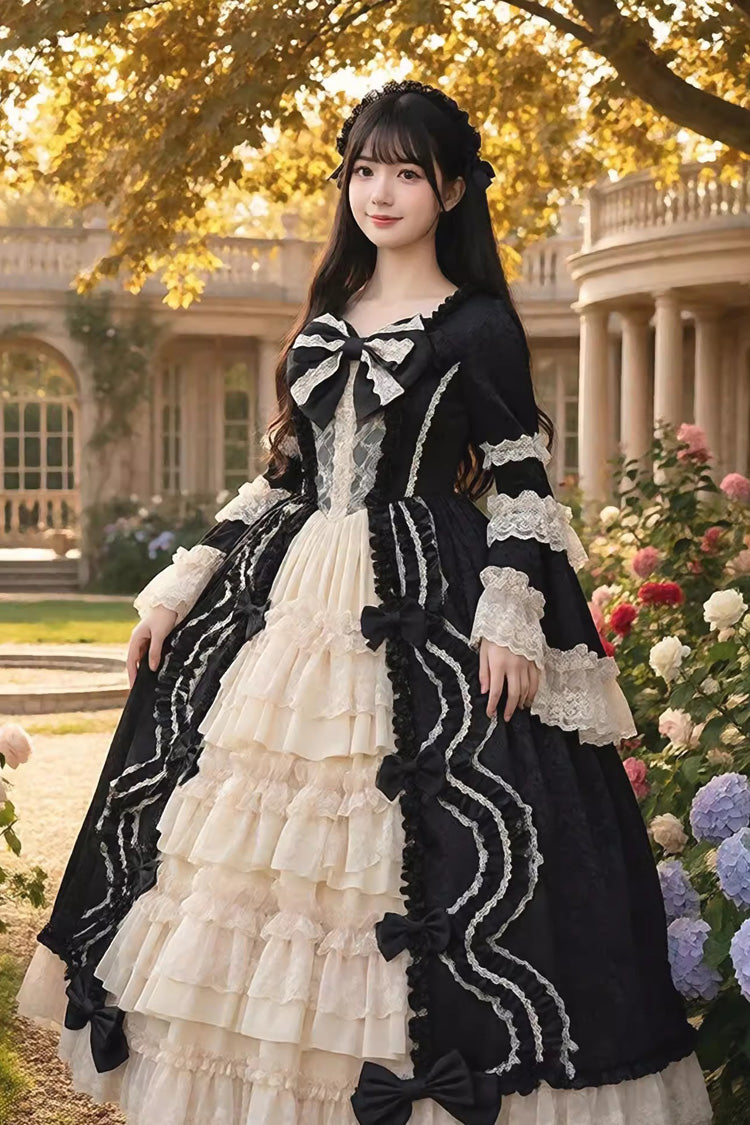 Robe victorienne Lolita en dentelle, manches longues, multicouches, à volants, nœud ouvert sur le devant, 5 couleurs