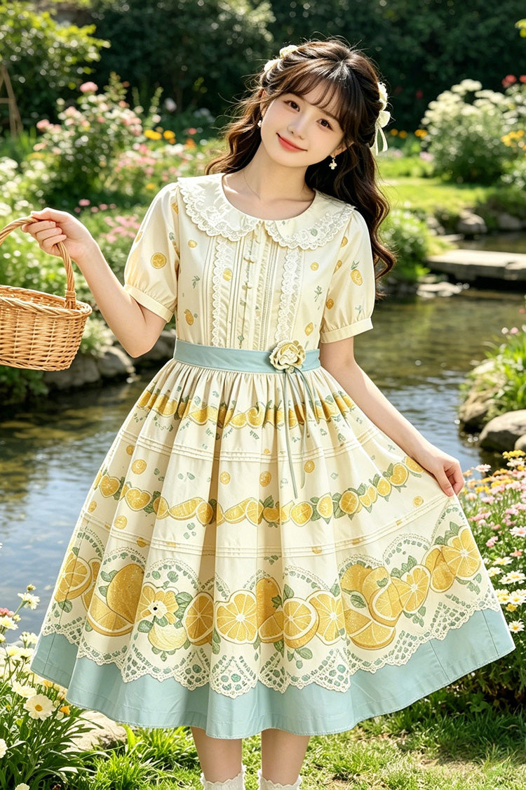 Gelbes Puppenkragen-Kurzarm-Zitronendruck-Sweet-Lolita-Kleid in Übergröße