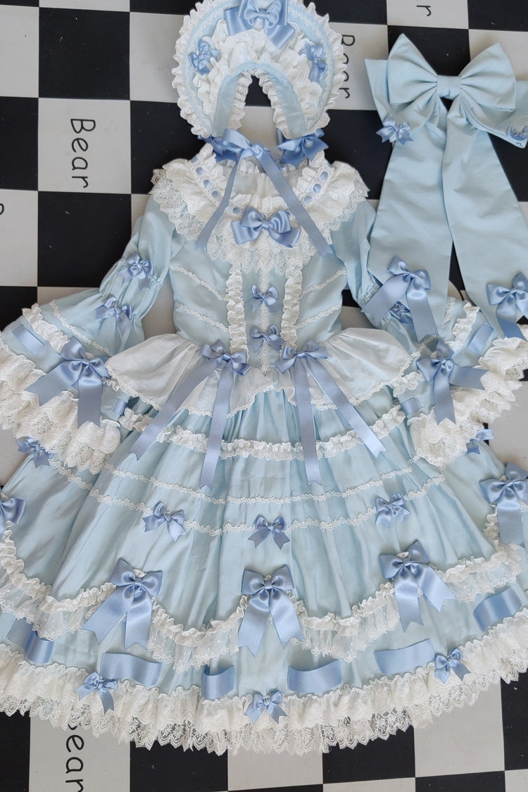 Blue Round Collar Long Trumpet Sleeves Hanayome Bowknot Lace Daily Sweet Elegant Princess Lolita Dress