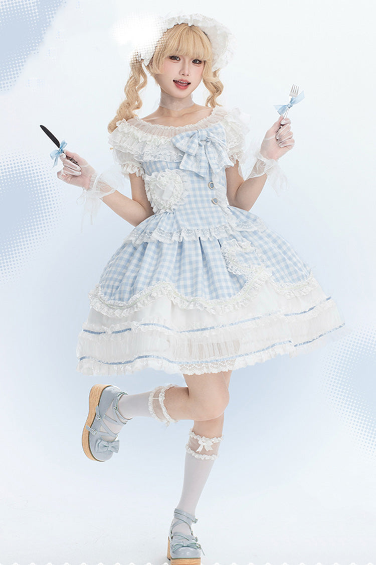 Blue [Tea Break Sweetheart] Short Sleeves Multi-Layered Plaid Print Ruffle Sweet Lolita Dress