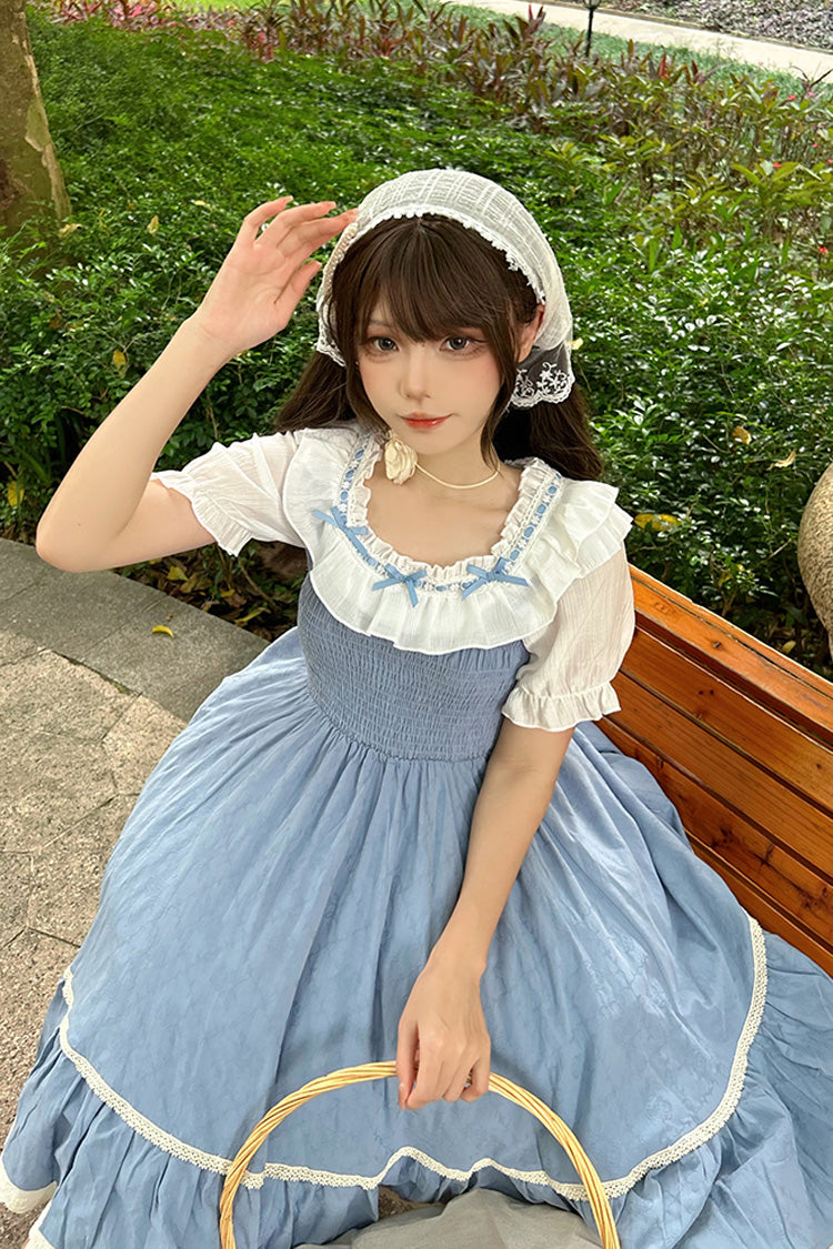 Blue Print Ruffle Stitching Lace Sweet Lolita Strap Dress Set