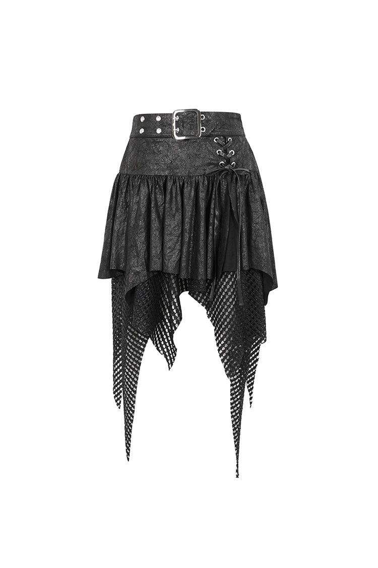 Black Lrregular Mesh Splice Buckle Women's Gothic Skirt