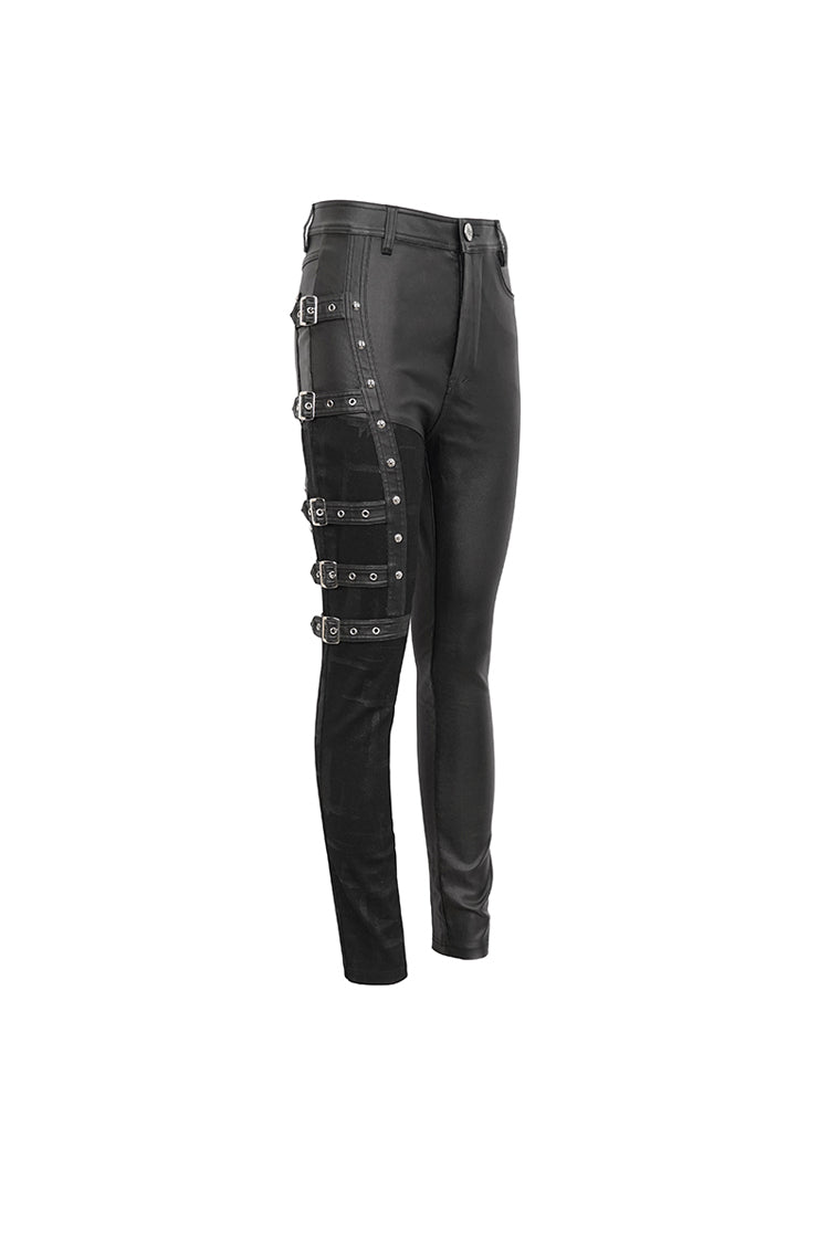 Black Tight Leather Multi Buckle Splice Women's Punk Pants