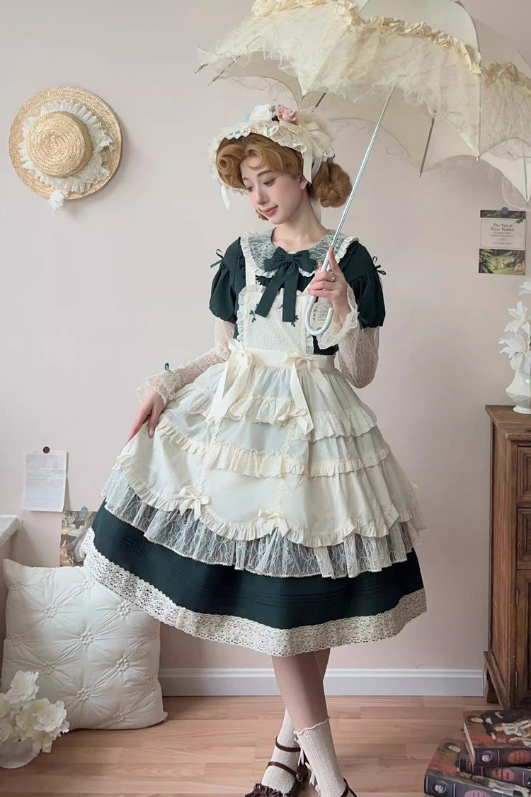 Green [Mist over Flowers Along the Path] Lapel Collar Long Sleeves Embroidery Bowknot Lace Sweet Lolita Dress