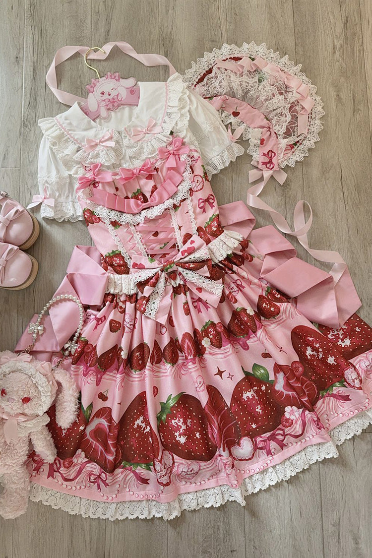 [Süße Beeren Geschichte] Erdbeerprint Rüschen Schleife Spitze Süßes Lolita Jsk Kleid 4 Farben 