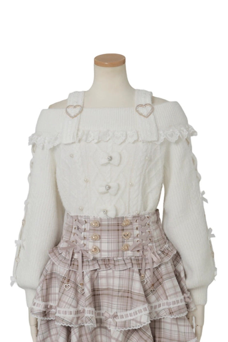 [Fluffy Heart] Boat Neck Long Sleeves Bow Jirai Kei Elegant Knitwear