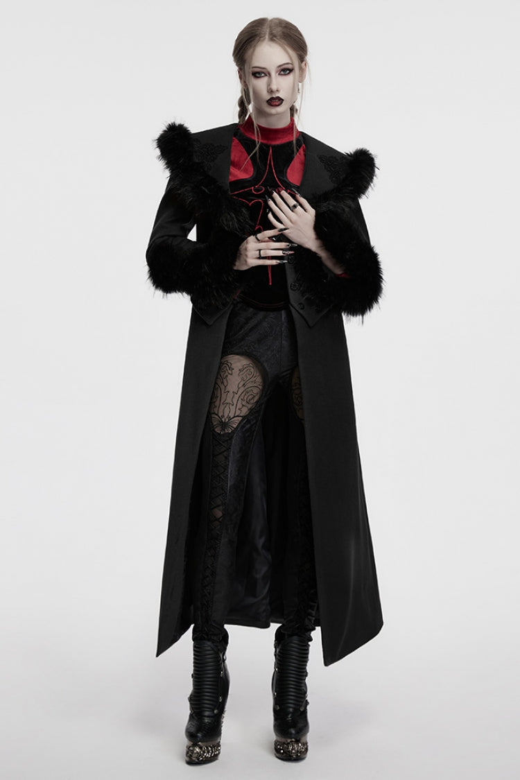 Black Long Sleeves Faux Fur Stitching Lace-Up Detachable Women's Gothic Coat