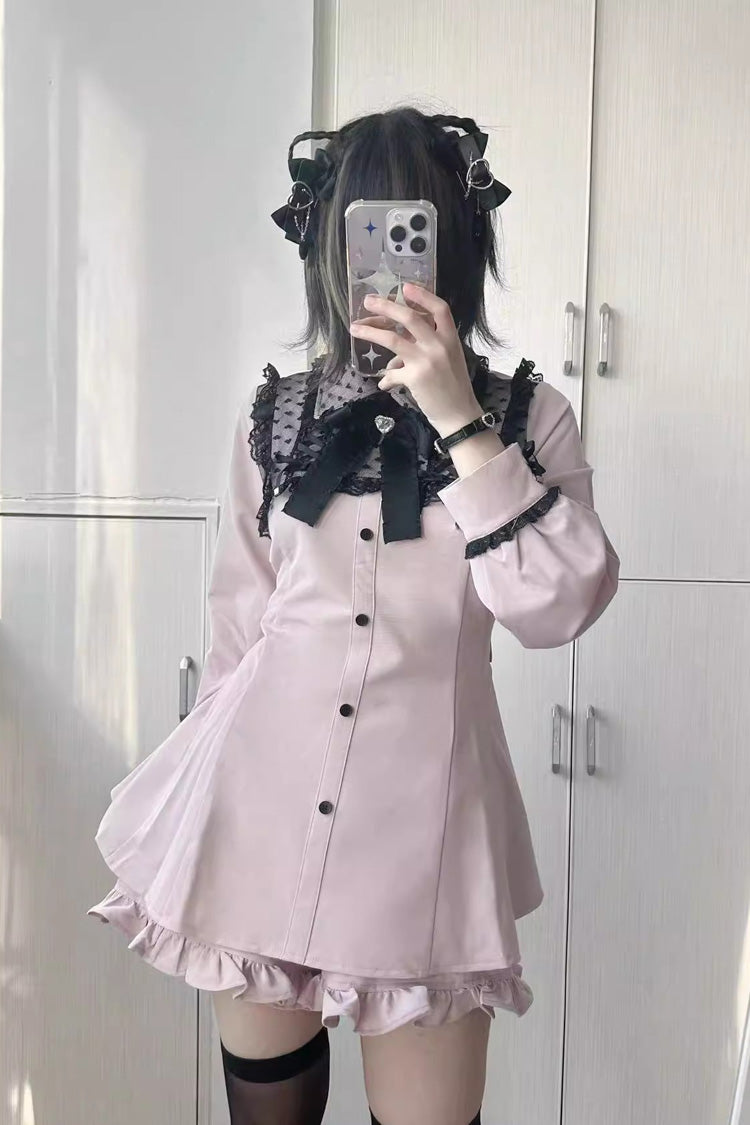 Heart Shape Print Bowknot Lace Sweet Jirai Kei Dress 2 Colors