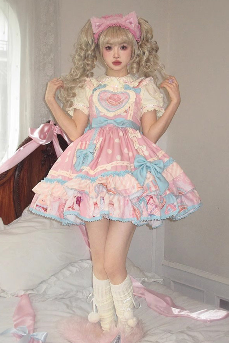 Pink Multi-layer Frosted Sugar Sweetheart Print Bowknot Sweet Lolita Jsk Dress