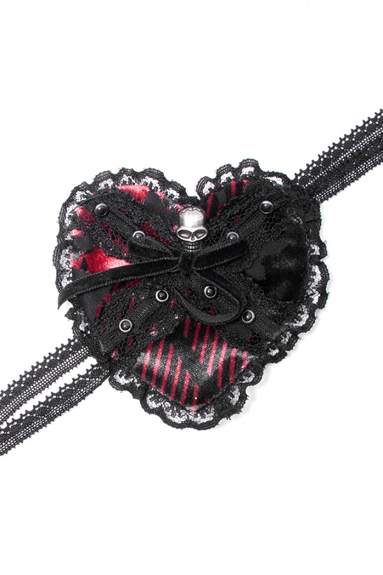 Schwarz/Rot Metall Totenkopf Dekoration Spitze Herz Damen Gothic Augenmaske