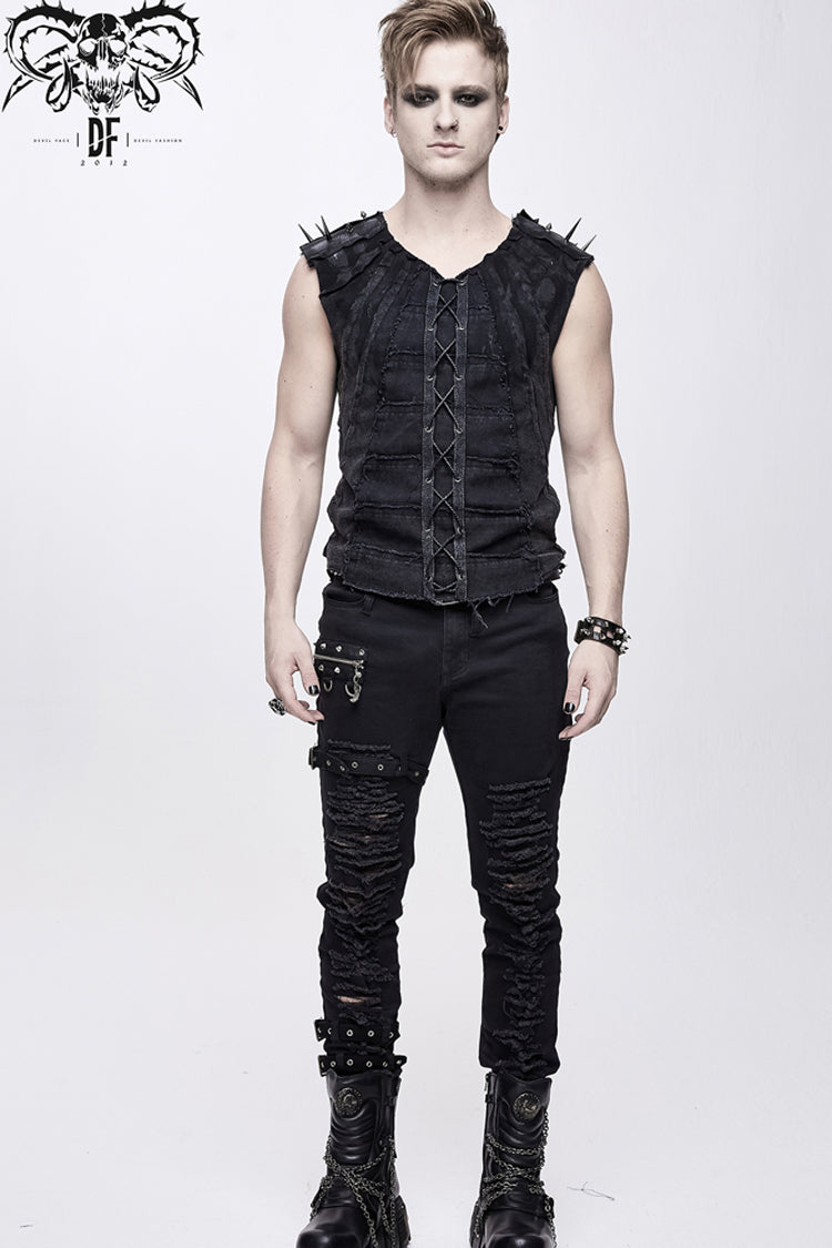 Black Patchwork Unedged Coarse Grain Leather Long Pointed Nails Distressed Men's Punk Vest