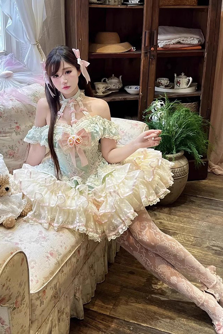 Green [Flower Language of Eros] Halterneck Multi-Layered Ruffle Bowknot Rose Lace Lace-Up Sweet Ballet Lolita Jsk Dress