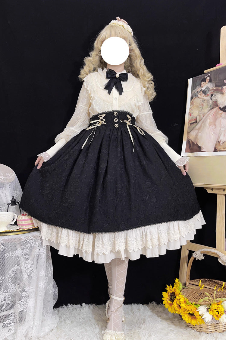 Black [Heart of Rose] High Waisted Ruffle Embroidery Lace-Up Sweet Vintage Elegant Palace Lolita Skirt