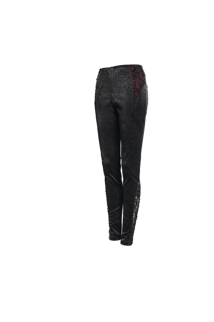Black Textured Pattern Lace Decoration Metal Zipper Mid-High Waist Tie Women's Gothic Trousers