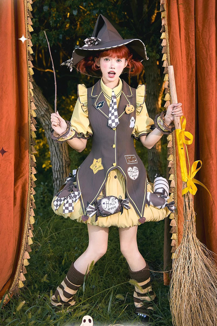 Brown/Yellow [Witch and Paradise] Short Sleeves Ruffle Bowknot Sweet Japanese Halloween Lolita Dress Vest Set