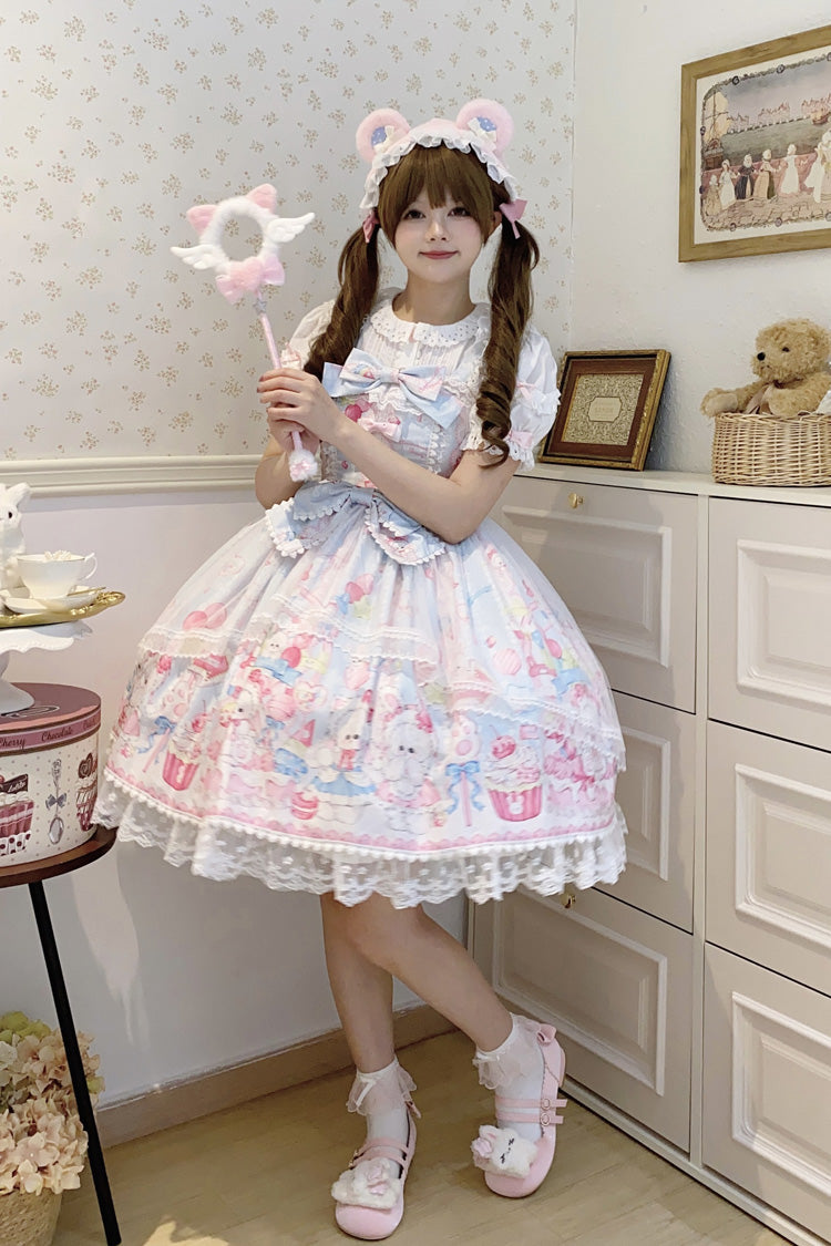 Blue [Cute Rabbit Sweet Cake] Print Ruffle Bowknot Lace Sweet Lolita Jsk Dress