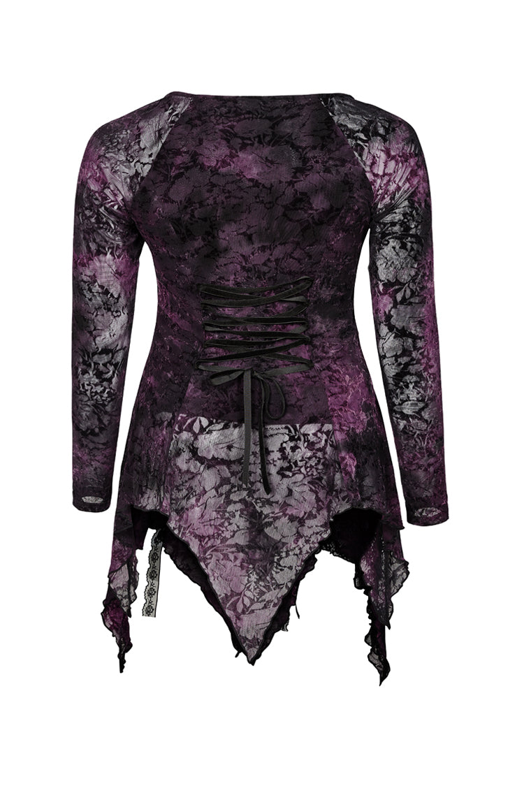 Purple V-Neck Front Splice Rose Lace Mesh Back Waist Lace-Up Irregular Hem Plus Size Knit Women's Gothic T-Shirt