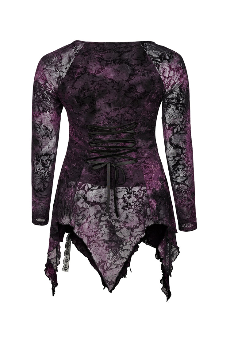 Lilafarbenes V-Ausschnitt-Vorderteil, gespleißte Rosenspitze, Netzstoff an der Rückseite, Schnürung an der Taille, unregelmäßiger Saum, Übergröße, gestricktes Gothic-T-Shirt für Damen