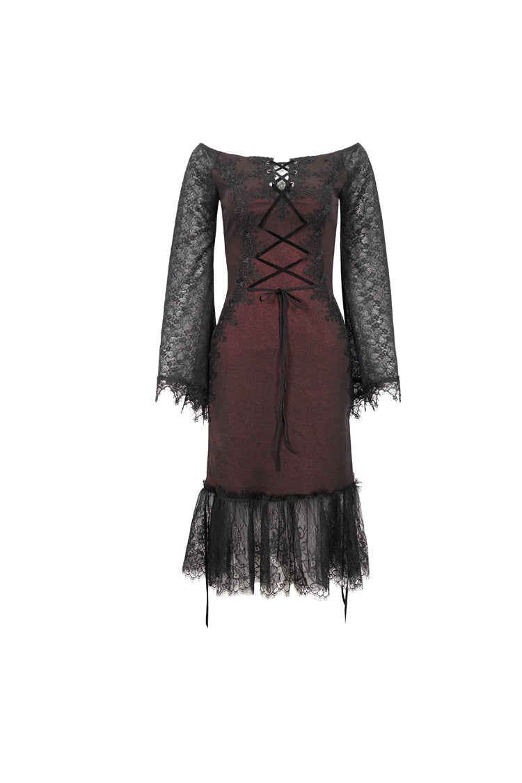 Red Elastic Texture One-Shoulder Hem Splicing Lace Bell Sleeve Women's Gothic Dress