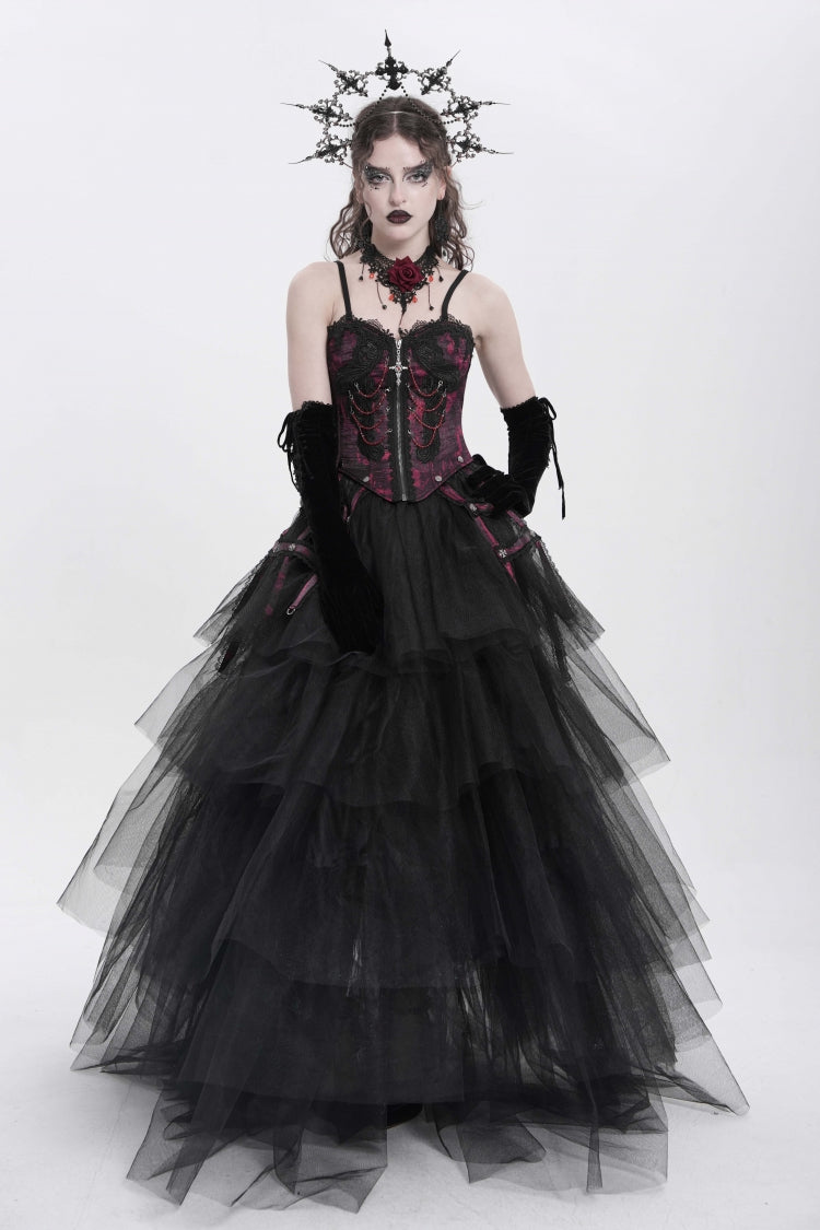 Red Sleeveless Embroidery Lace Chain Women's Gothic Vest