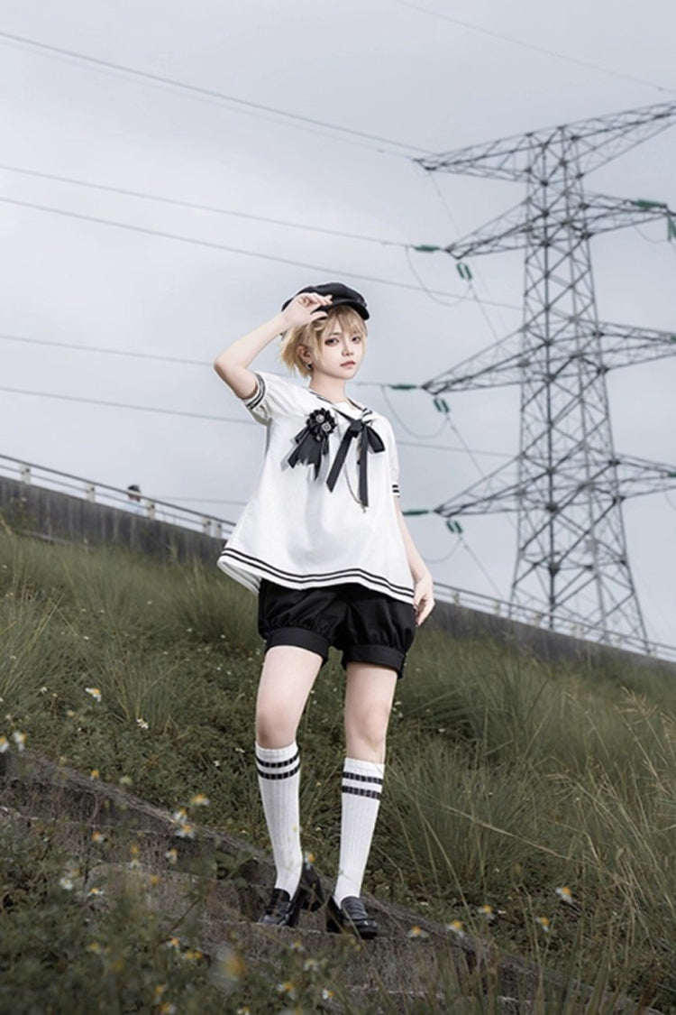 Black/White [Old Stories] Navy Collar Short Sleeves Bowknot Ouji Gothic Lolita Blouse Shorts Set