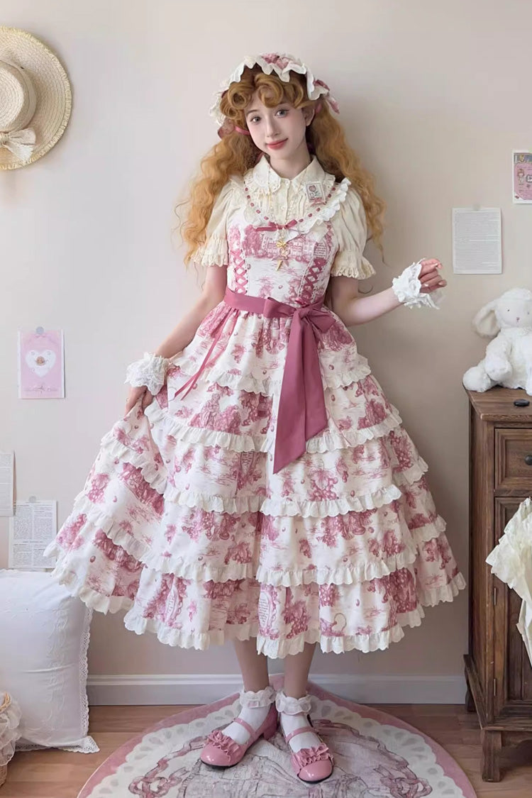 Rose Red [Grape Moon Almanac] Sleeveless Multi-Layered Printed Ruffled Bow Adjustable-Length Sweet Lolita Jsk Dress