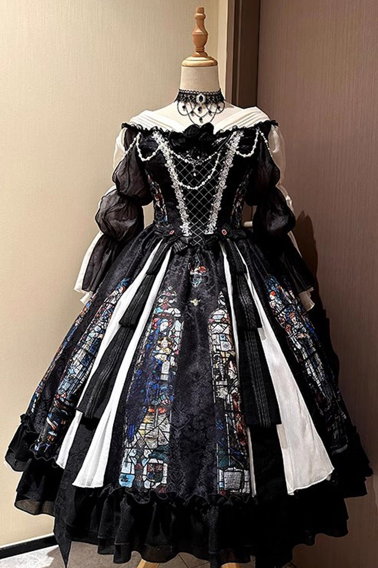 Black Stained Window Print Ruffle Bowknot Gothic Elegant Lolita Jsk Dress