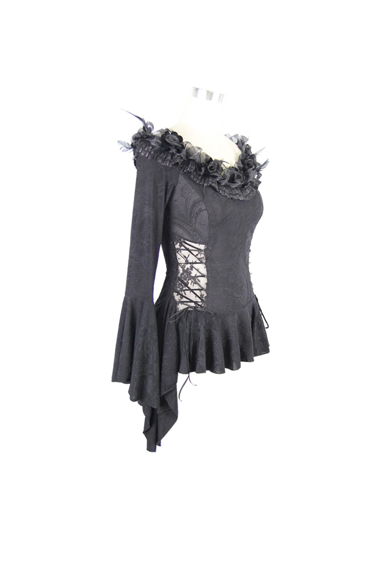 Black Knit One-Word Shoulder Rose Decoration Collar Waist Side Splice Lace Up Flare Sleeve Women's Gothic Shirt