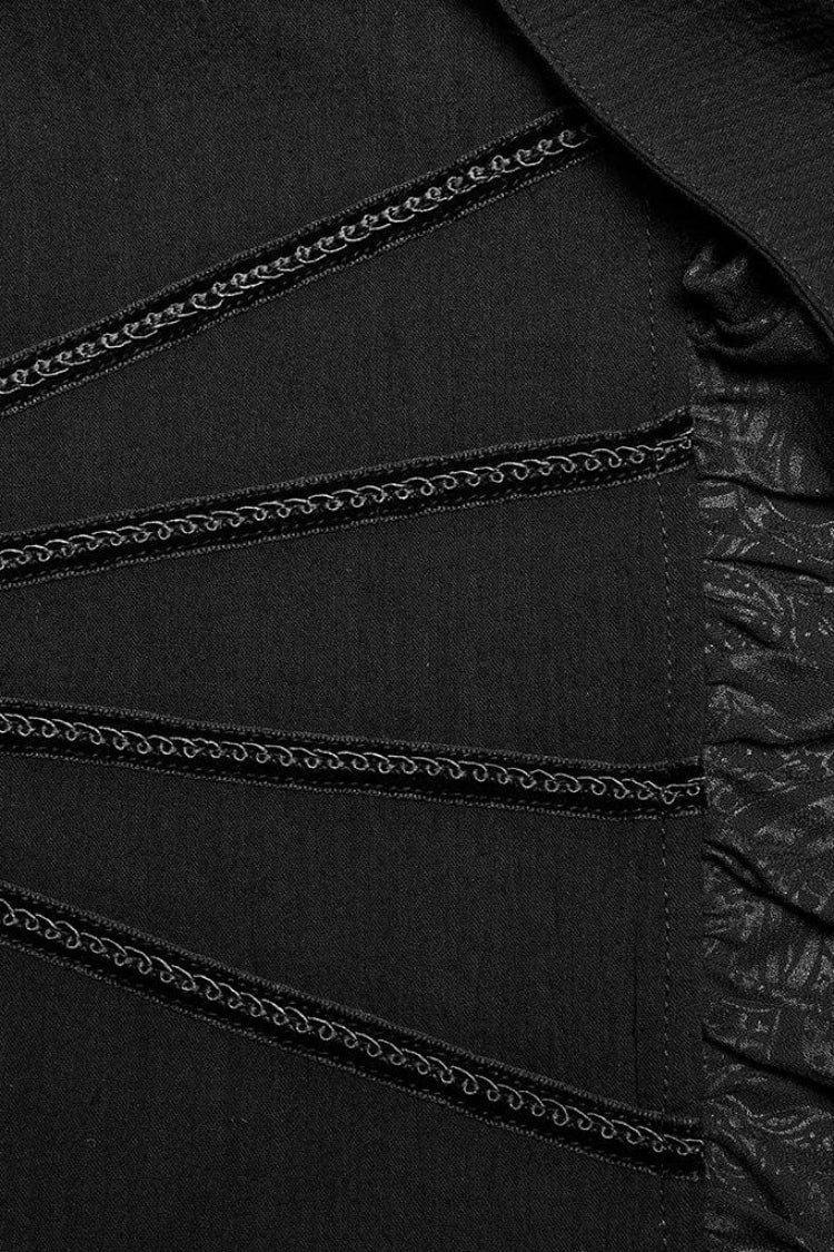 Black Hand-Stitched Button Pleated Long Puff Sleeves Ruffle Mens Gothic Blouse